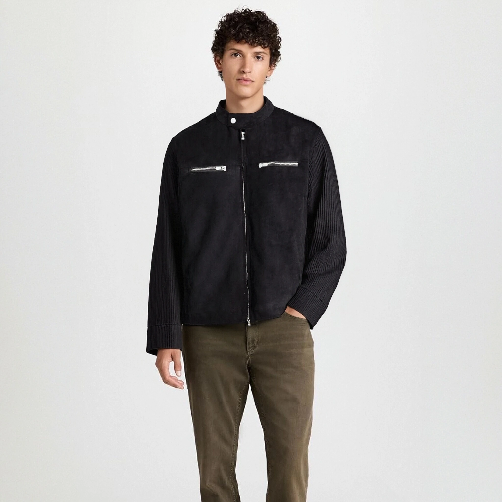 

Easy Success Knitted Sleeves Elastic Stitching Motorcycle Cotton-Padded Jacket Cowhide Vintage Old Money Style Short Wide Jac