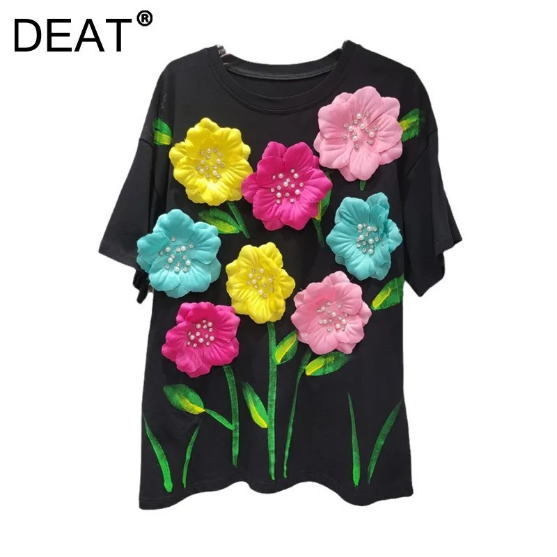 DEAT Women's T-shirt O-neck Short Sleeve Colorful 3d Flowers Decoration Causal Thin Shirts Spring 2025 New Fashion 29L9311