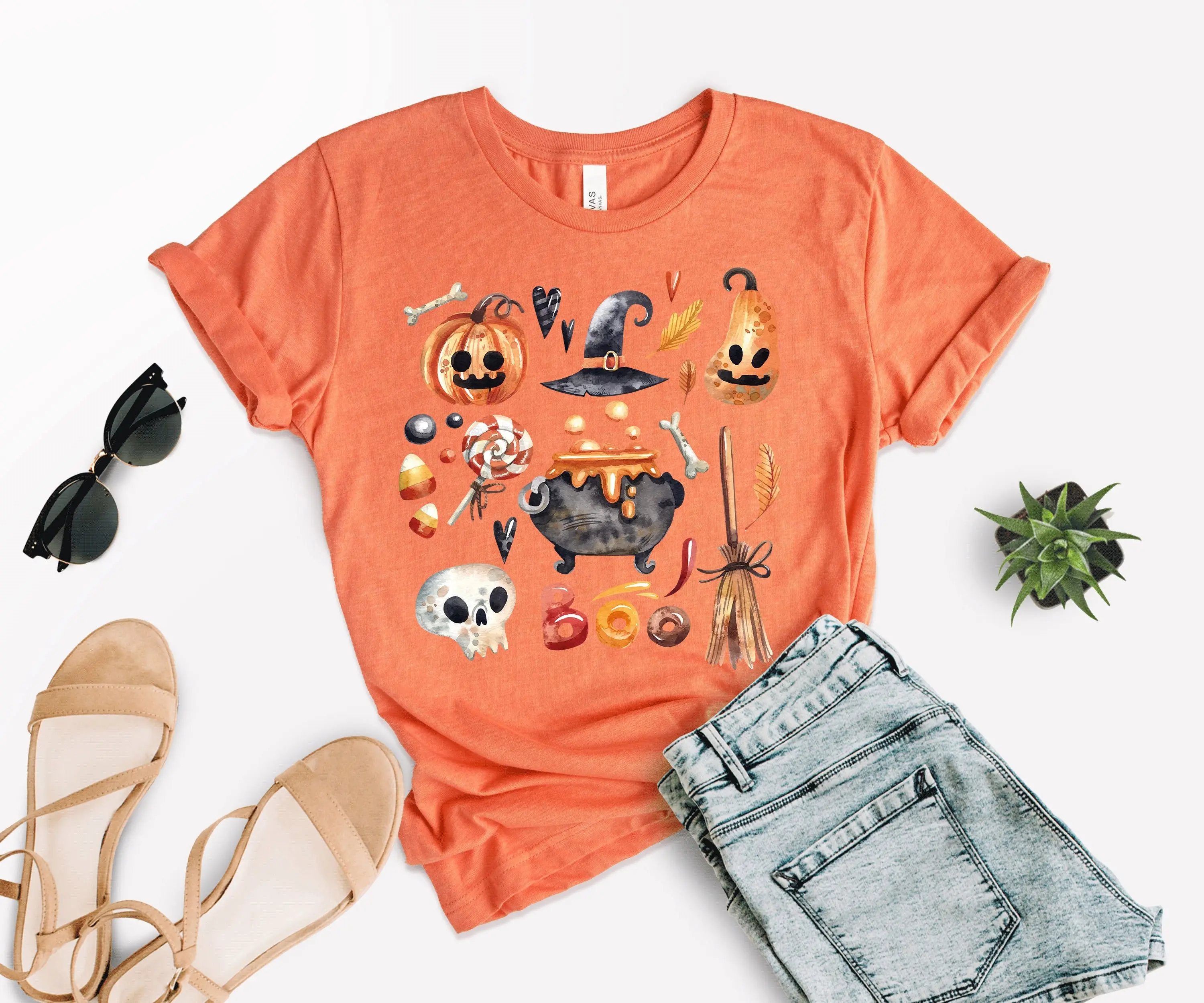 Vintage Halloween T Shirt Monsters Spooky Season Retro Town Nostalgic