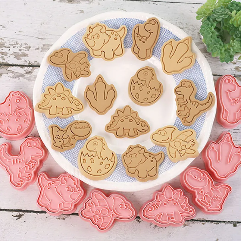 8Pcs/Set Cartoon Dinosaur Biscuit Mold Dinosaur Egg Paw Shape Cookie Cutter Stamp Fondant Cake Decoration Tool