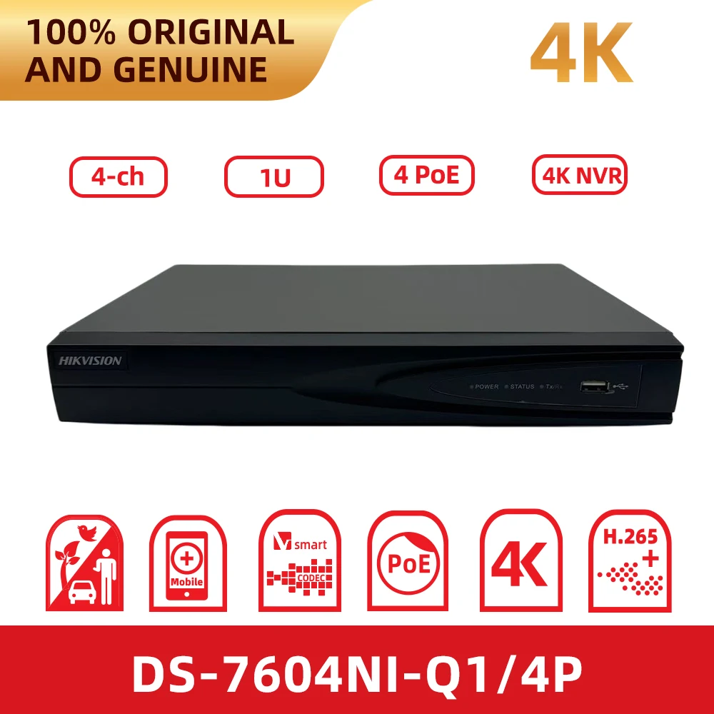 

Сетевой видеорегистратор Hikvision DS7604NI-Q1/4P 4K с 4-канальным PoE для систем видеонаблюдения и домашней безопасности