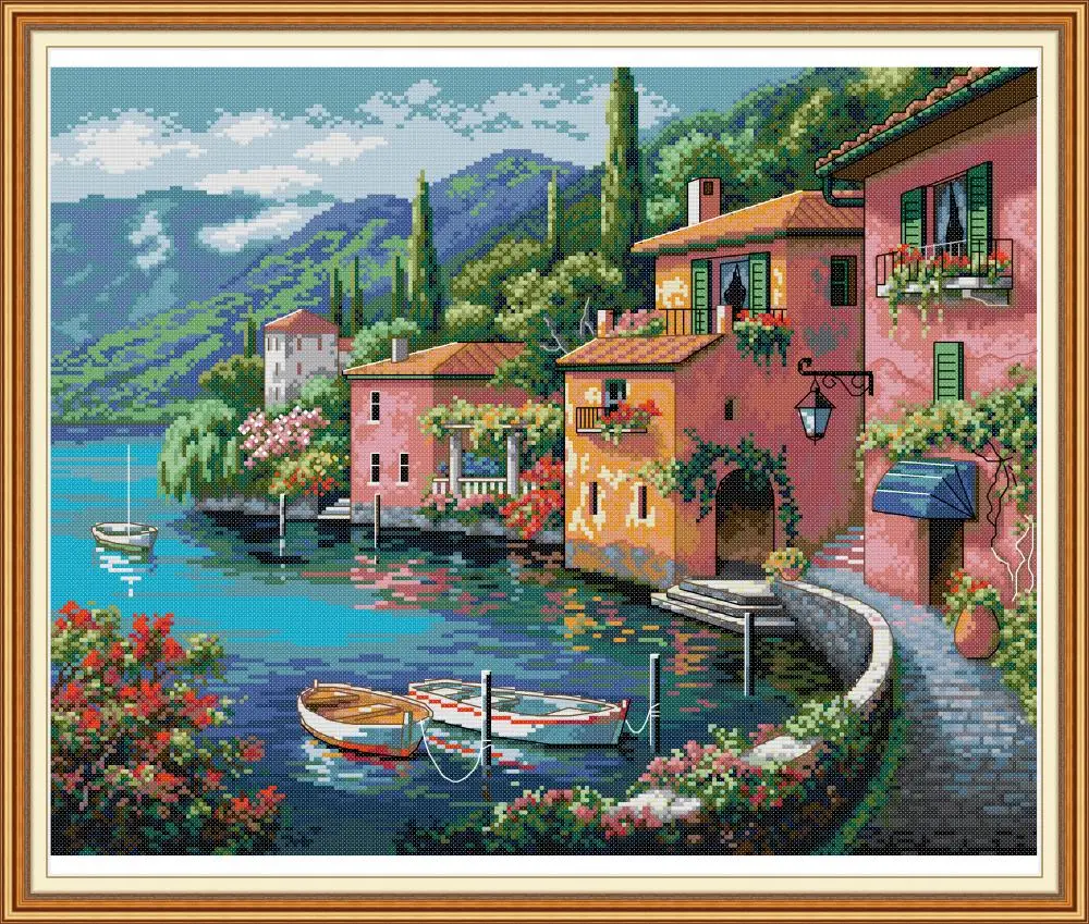 Cross-stitch Complete Set Colorful House By The Water Kit Stamped Printed Counted Unprinted Cloth DMC Needlework Home Decor