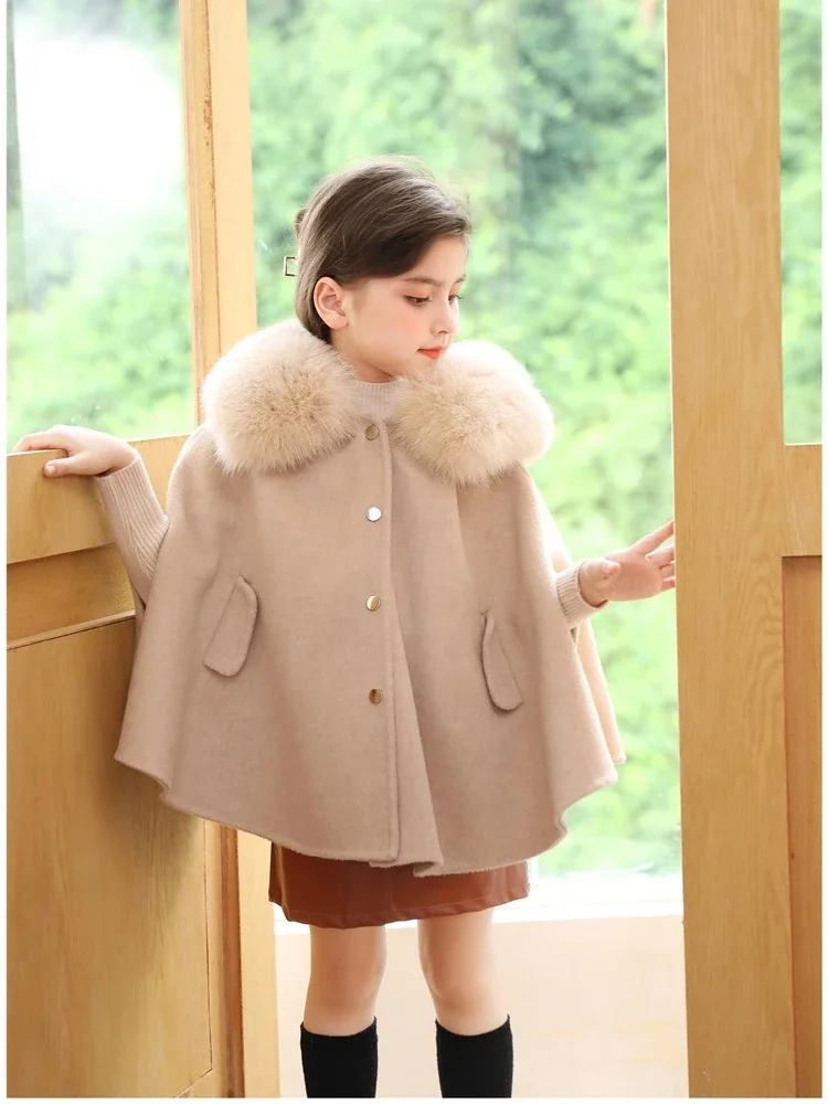 Handmade New All Wool Girl Fox Collar Shawl Double Faced Cashmere Jacket for Middle and Young Girls Coat Winter Coat