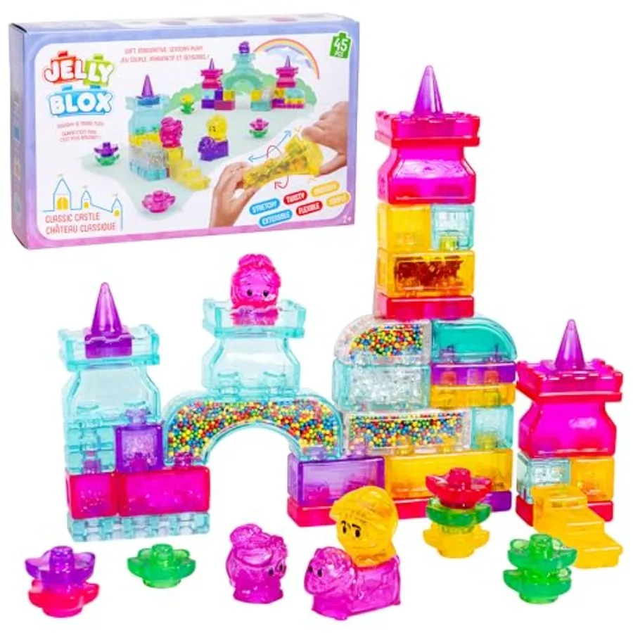 

Sensory Play Toy for Ages 2+ Classic Castle Set in Soft Silicone Blue Grey Squeeze, Stretch, Squish Blocks with 45-Piece Safety