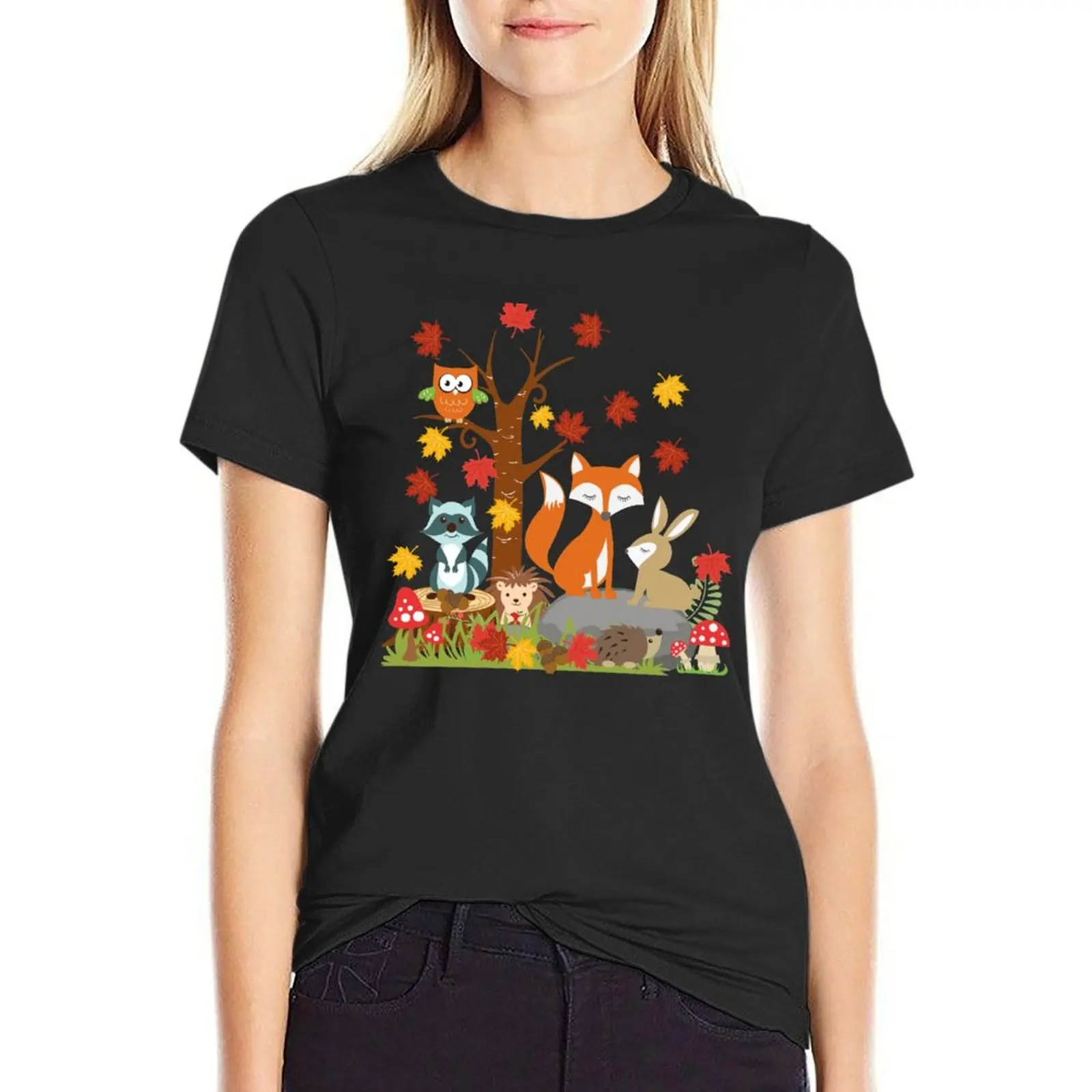 Autumn Woodland Animals T-Shirt summer clothes funny summer tops t-shirts for Women loose fit