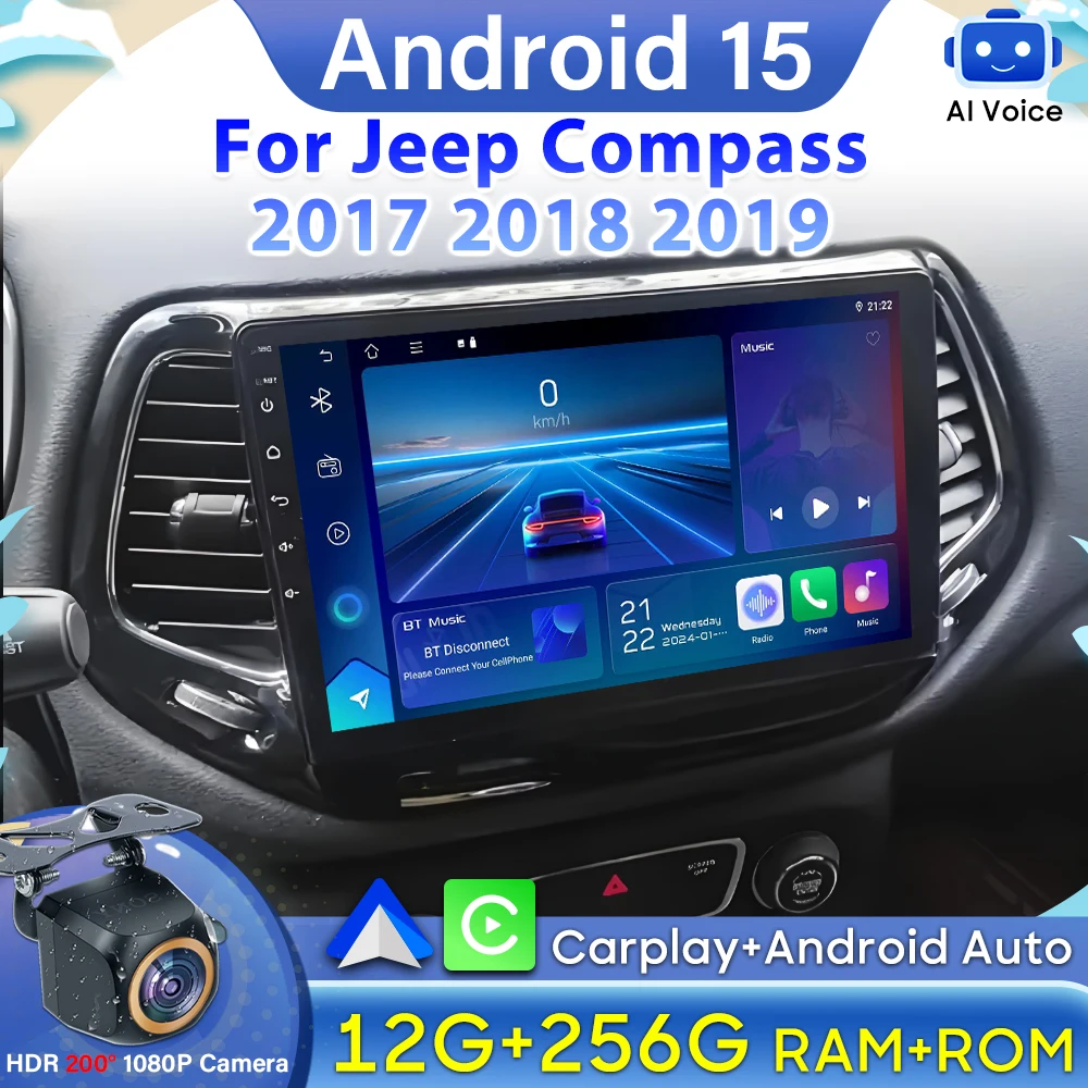

Android 15 Video For Jeep Compass 2017 2018 2019 BT Carplay Multimedia Player 4G Wifi No 2din GPS Navigation Car Radio 2K Stereo