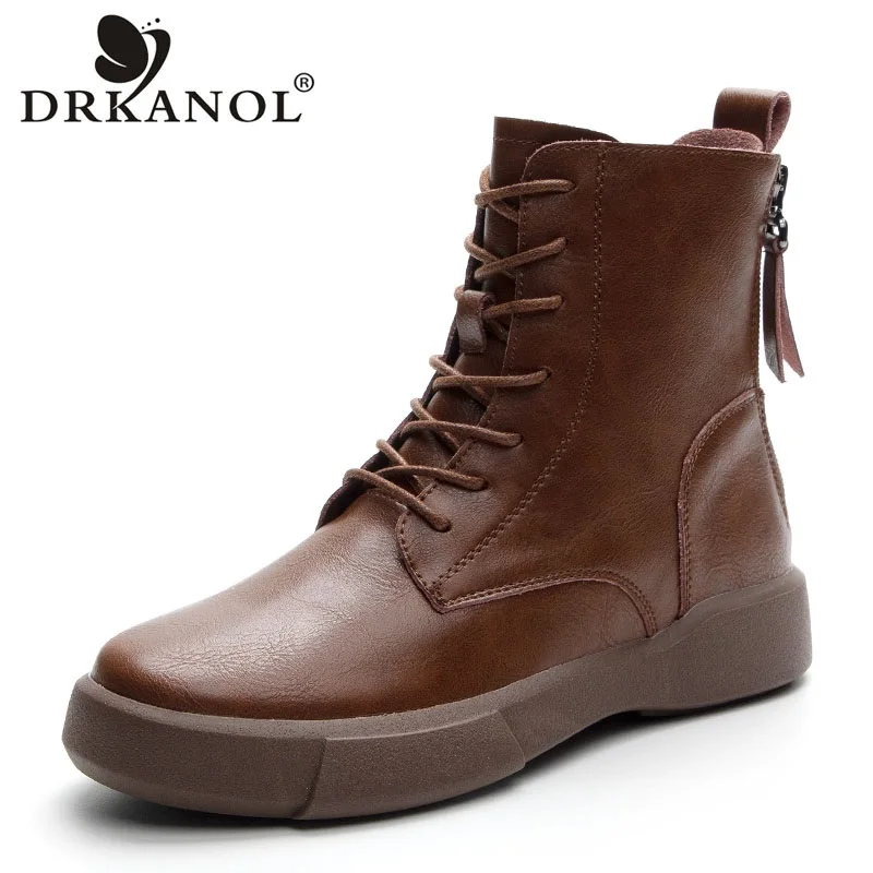 DRKANOL Big Size 41 42 43 Women Ankle Boots Handmade Retro Style Real Cowhide Flat Heel Boots For Ladies Winter Plush Warm Boots