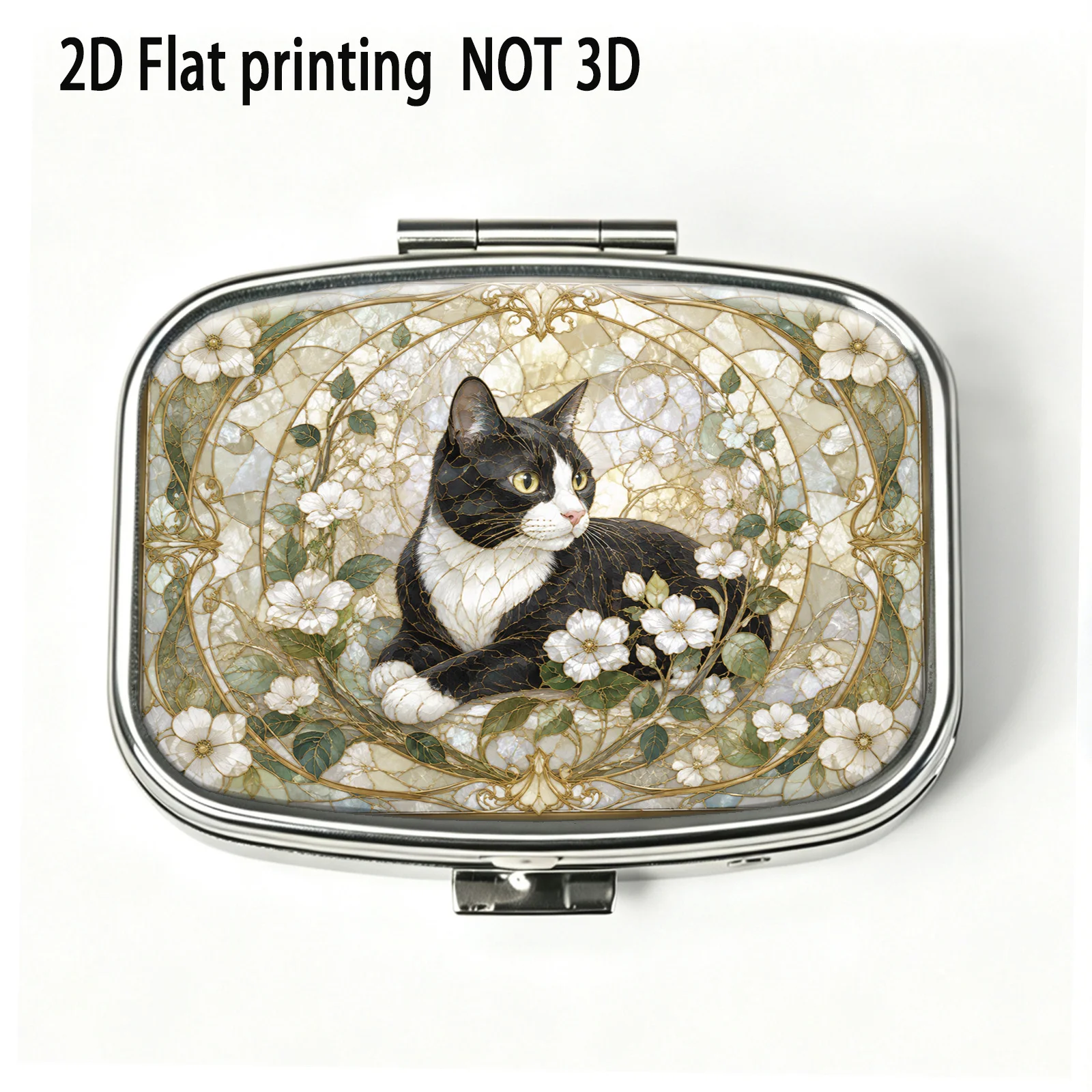 Single-piece, flat, retro black and white cow pattern square compartment box, suitable for storing medication, designed with natural inspiration, for use as a handbag and for travel purposes, unique and creative