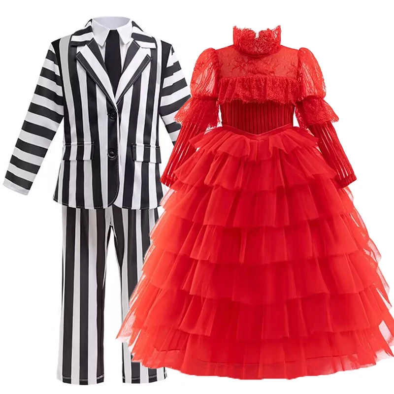 2024 Nuovo Halloween Abbigliamento per bambini Underworld Master Striped Cosplay Ragazzi Set Performance Dress Classico set a due pezzi a righe