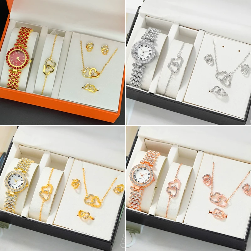 6 قطعة/المجموعة ساعة نسائية موضة كامل الماس الصلب حزام مؤشر كوارتز ساعة قلادة سوار أقراط طقم مجوهرات (بدون صندوق) #5