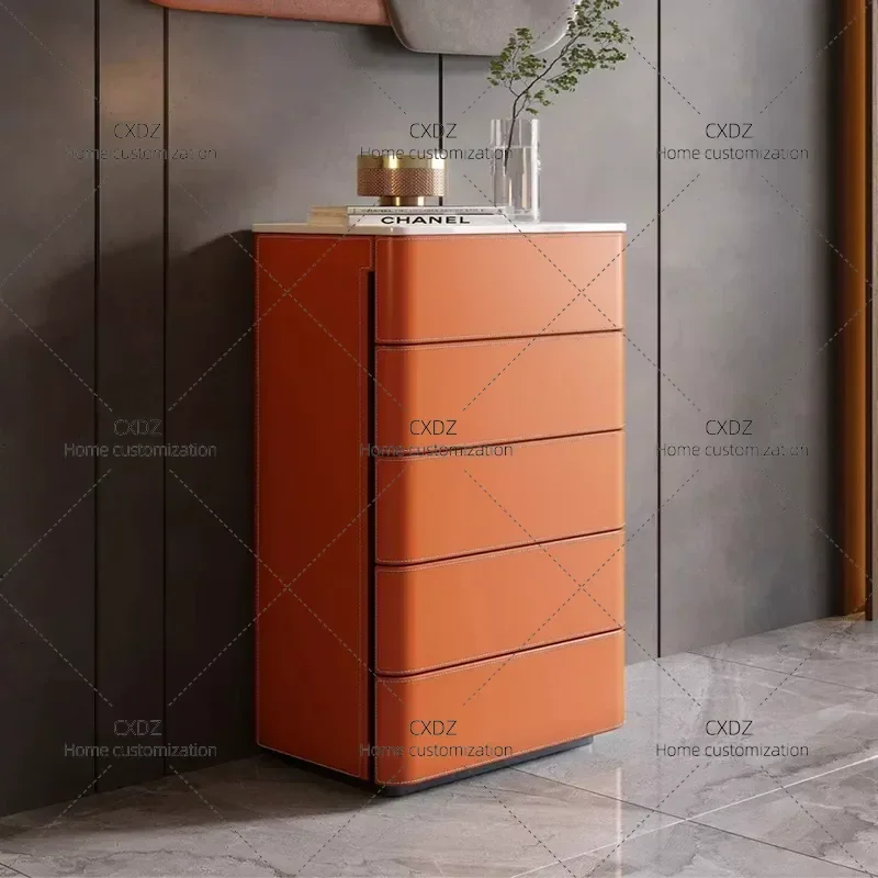 Minimalist Rock Slab Saddle Leather Chest of Drawers Modern Light Luxury Bedroom Storage Cabinet 3 or 4 Drawer Dresser with