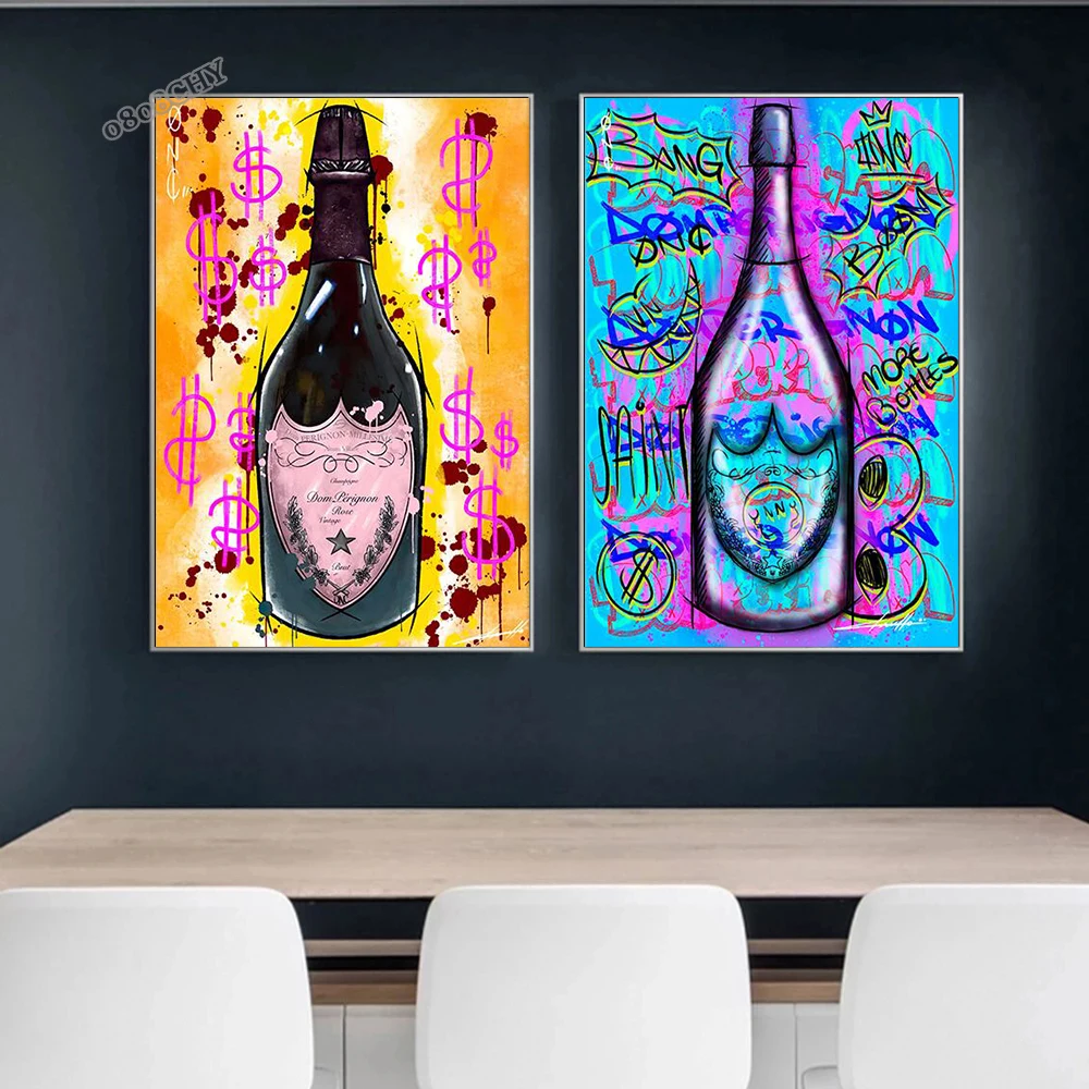 Pop Art Poster Champagne Bottle Graffiti Art Canvas Painting Champagne Canvas Prints Art Pictures for Dining Room Home Decor