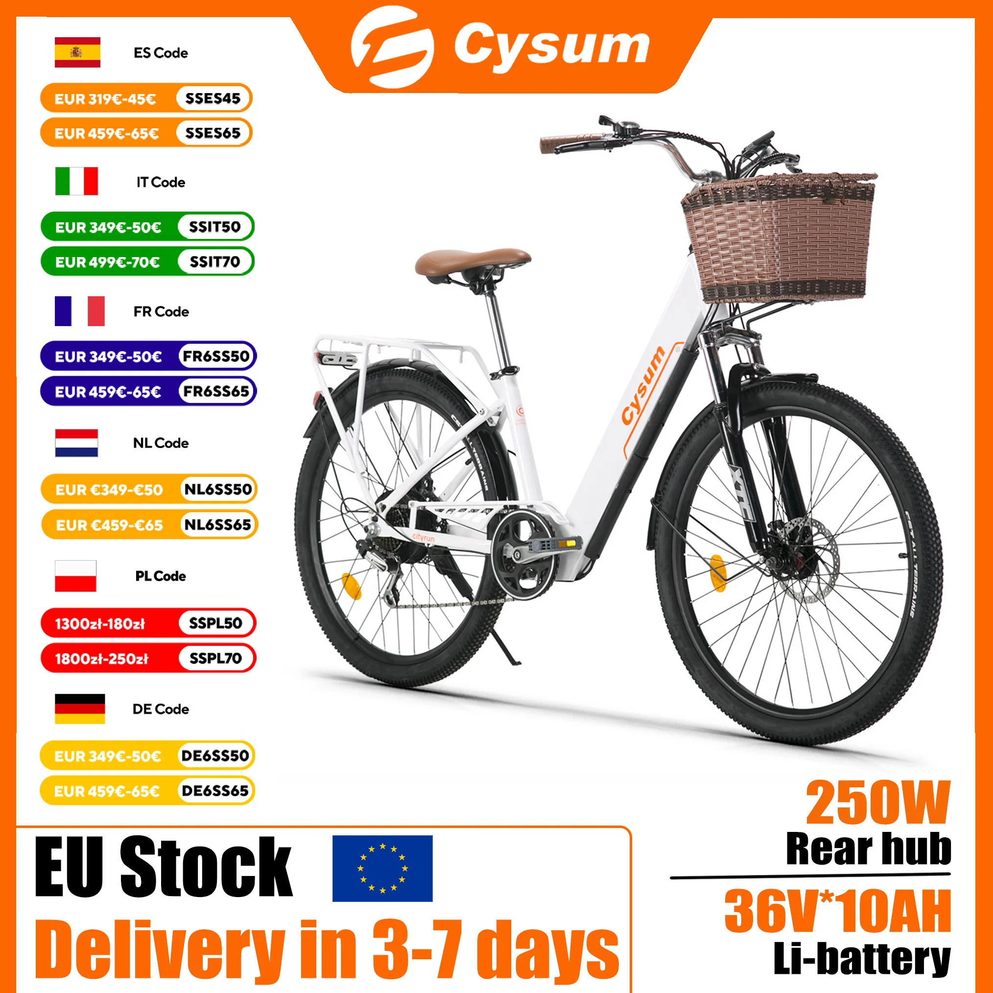 Vélo électrique Cysum Cityrun 26 pouces, moteur 36V 250W, batterie 36V 10Ah, SHIMANO 7 vitesses, frein à disque, panier, vélo électrique pour adultes