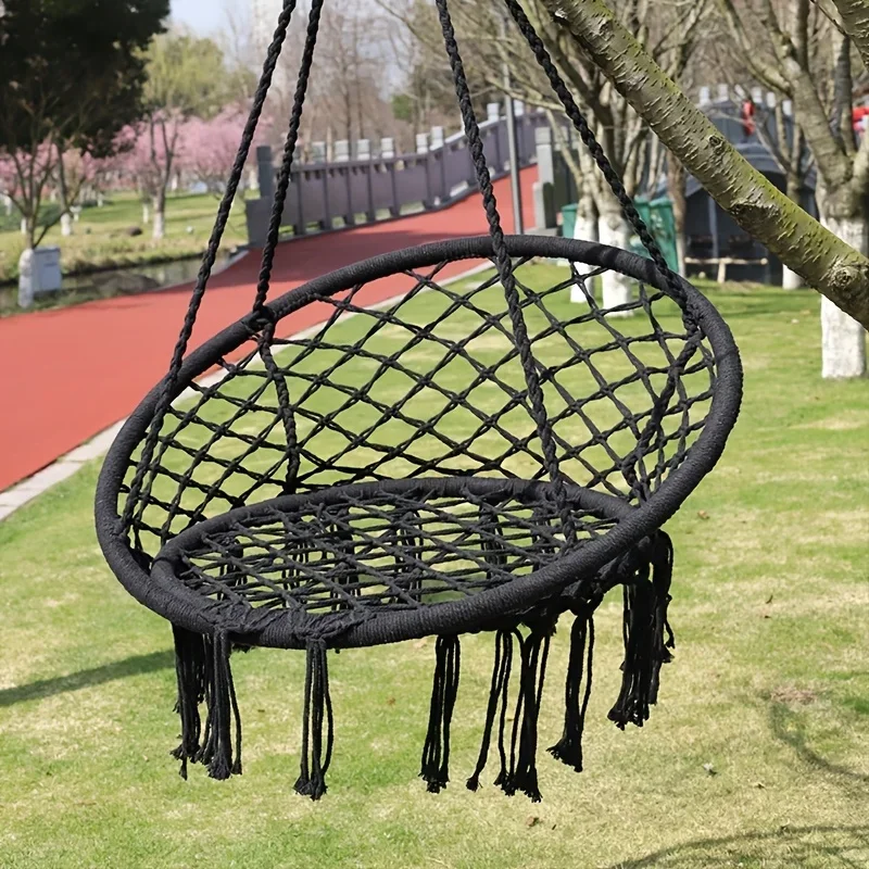 Hanging Chair Indoor Single Household Balcony Swing Mesh Basket Cotton Rope Woven Rattan Chair Fringed Swing Lazy Chair