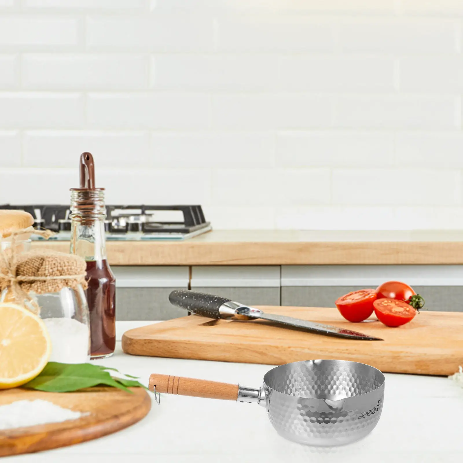 Cacerola de acero inoxidable de 2 cuartos de galón con mango de madera, olla para leche, para guisar sopa, arroz, ramen, utensilios de cocina coreanos y japoneses