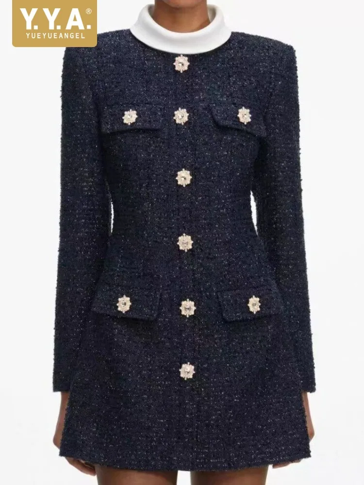 Designer Damen Tweed Mini-Kleid Schmal Geschnitten Modisch Hohe Taille Stehkragen Frühling Büro-Damen Langarm Elegantes A-Linien-Kleid
