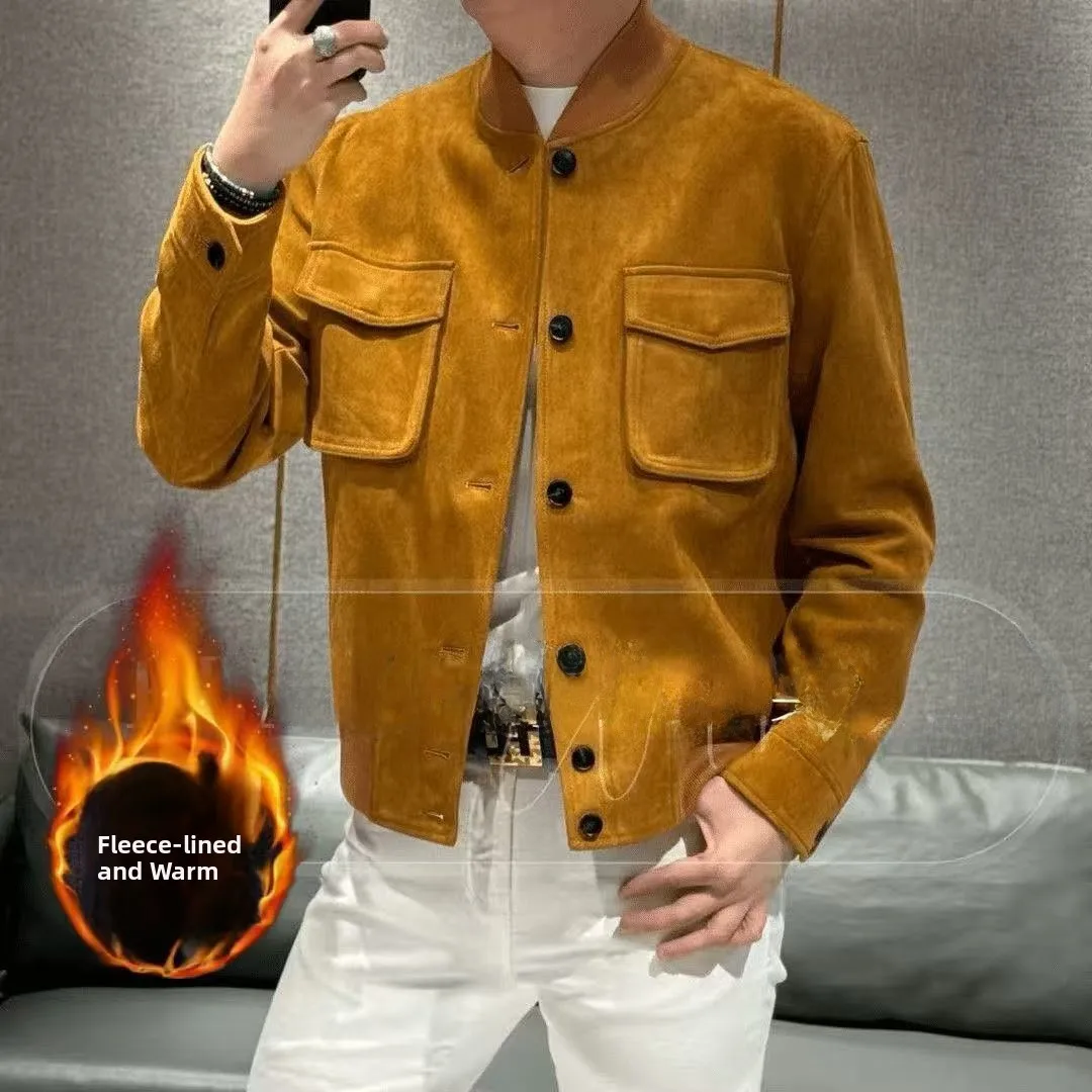 

Ele Briti Sle Fce Бейсбольный воротник с подкладкой, мужская повседневная шикарная бархатная поверхность, универсальная простая верхняя одежда