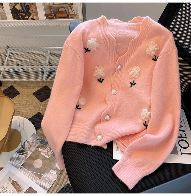 Spring Autumn Flower Nail Bead Knitted Sweater Cardigan 2024 Soft Lace Edge V-neck Top Women Korean Style Loose Long Sleeve Coat