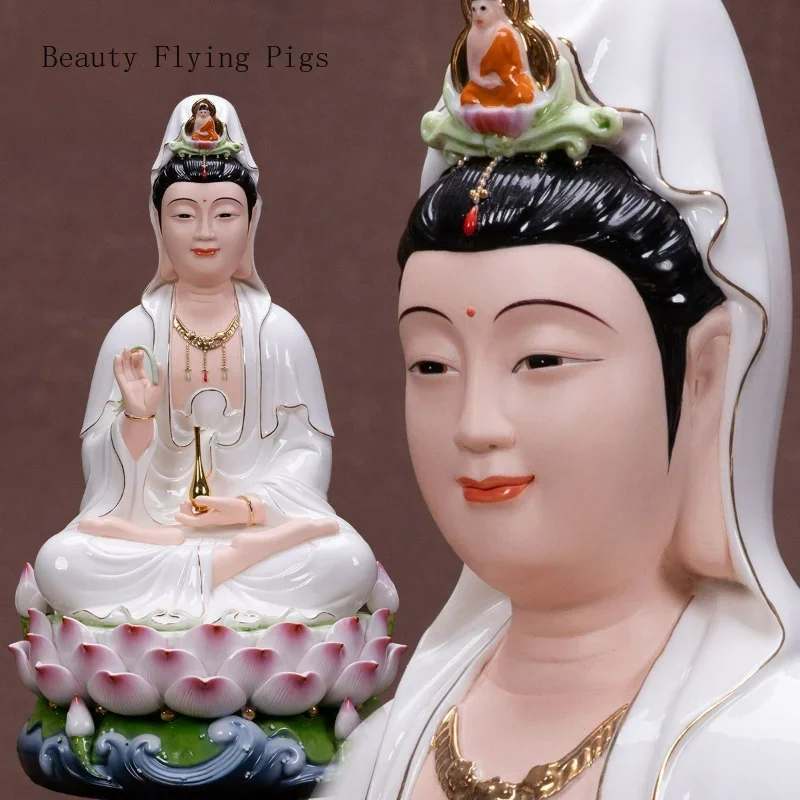 1PC Ceramic Guanyin Buddha Statue Ornament Lotus Base Buddha Statue Ornaments in The Entrance Hall Family Sacrifice Figurines