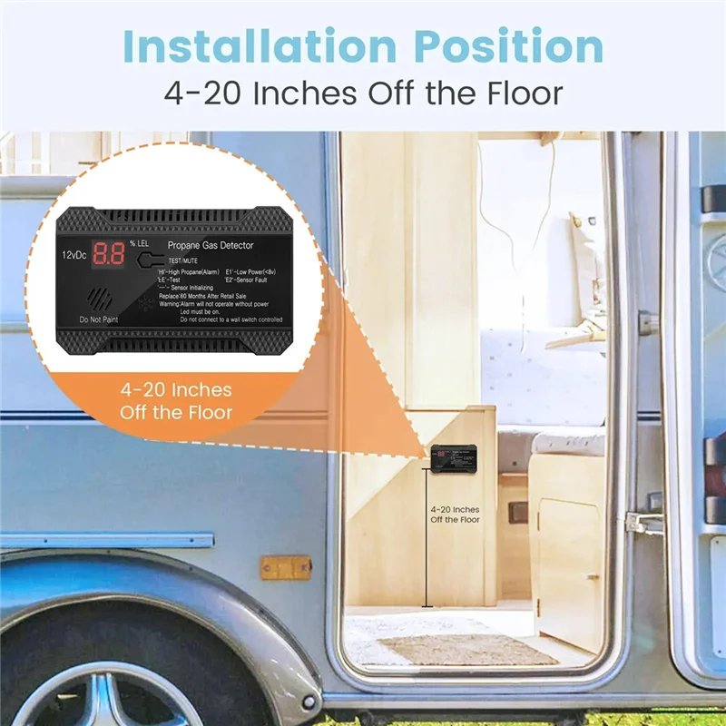 เครื่องตรวจจับโพรเพน12V LPG เครื่องตรวจจับแก๊สรั่ว85DB เตือนแก๊สรั่วของไซเรนสำหรับรถบ้าน RV เครื่องทดสอบโพรเพนดิจิตอล (สีดำ)