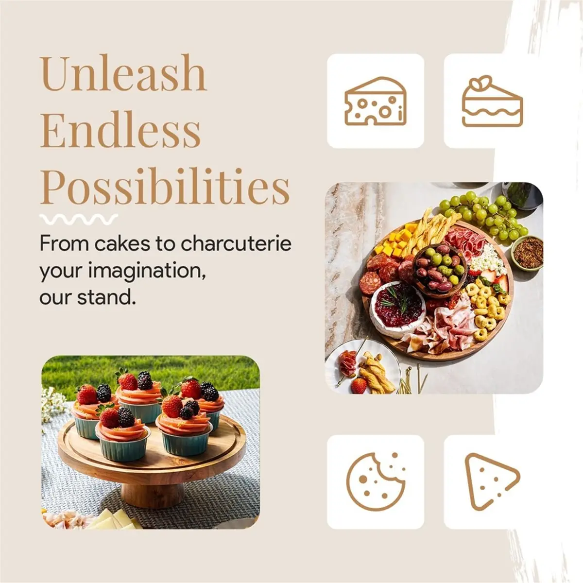 Wood Cake Stand - Holder, Holiday Hosting Essential, Fruit Tray Festive Dessert Display & Charcuterie Board Round Tray
