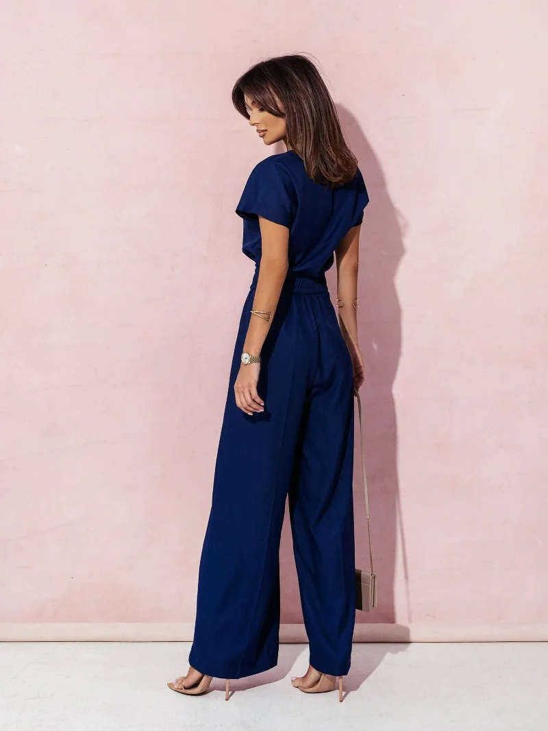 Baju terusan lengan pendek wanita, jumpsuit lengan pendek tempramen, leher V warna polos musim panas