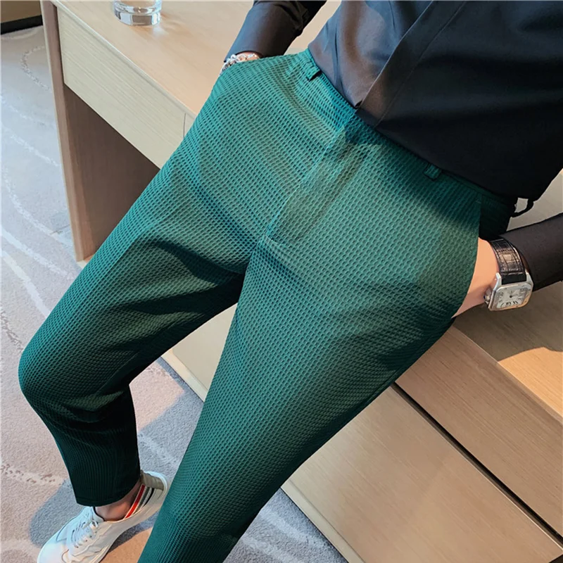 2024 Herfst Nieuwe Wafel Stretch Taille Zakelijke Formele Broek Mannen Mode Bruiloft Slanke Broek Heren Merk Sociale Party Pak Broek