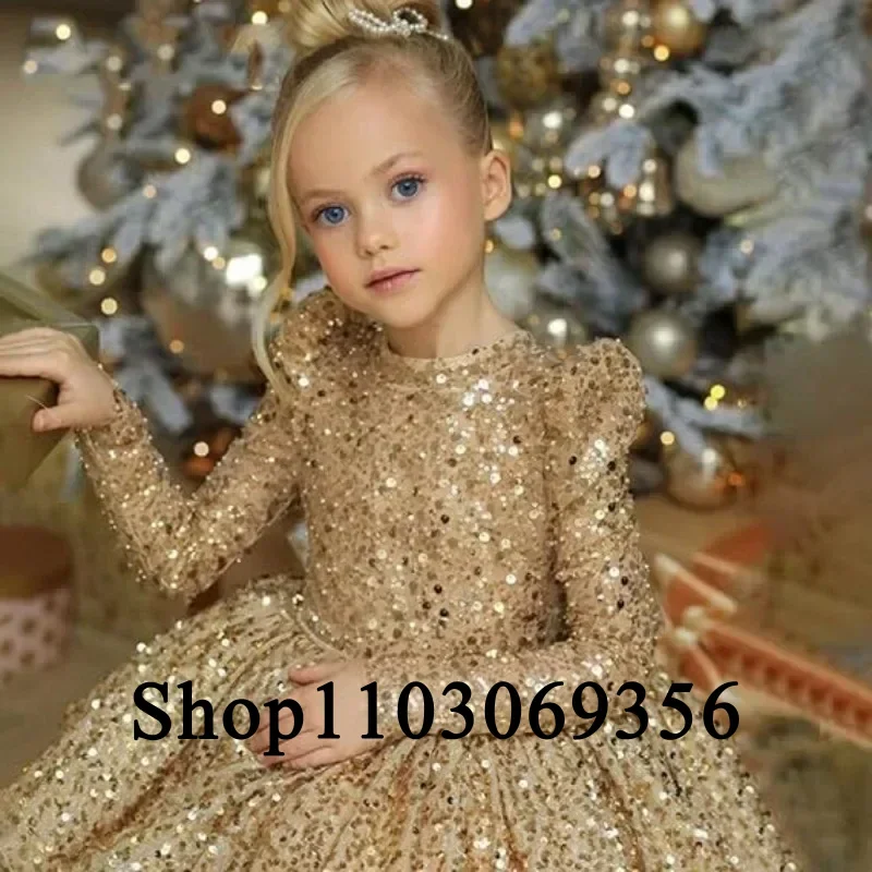 Gold Sequin Luxury Flower Girl Dress Long Sleeves Puffy Baby Girl Pageant Birthday Party Wedding First Communion Holiday Gown