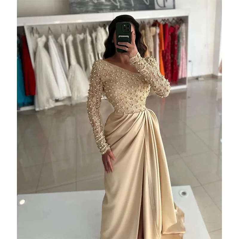Customized Pearls Evening Dresses V Neck Long Sleeves Prom Dress Split Vestidos De Gala Side Train Formal Dresses for Women 2025