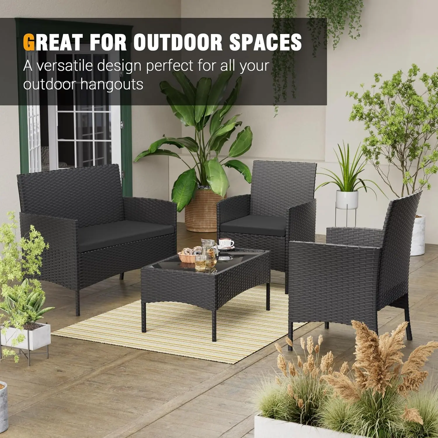 Outdoor Wicker Rattan Cadeira Set, Mobília do pátio, Varanda Conversação, varanda, Loveseat secional, Almofadas e Mesa, 4 pcs