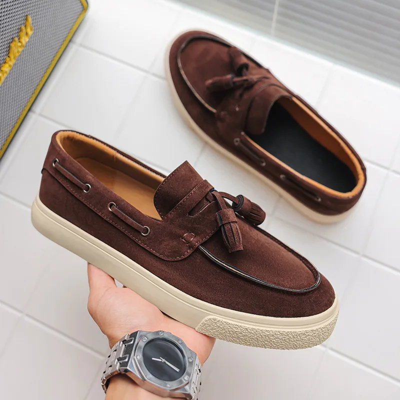 

Tassels Suede Loafer Shoes For Men Retro Brown Casual Shoes Man Skateboard Shoes Platform Slip-On Mens Shoes zapatos de hombre