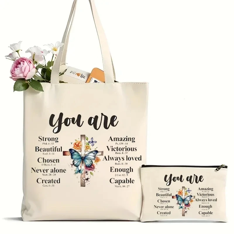 2Pcs You Are Print Bible Verse Handbag Cosmetic Bag Fashion Ladies Canvas Shoulder Bag Eco Large Capacity Travel Shopping Bag