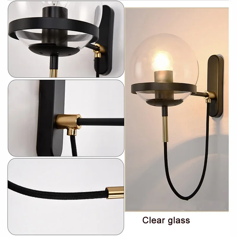 Nordic Glass Ball Wall Lamp Retro Restaurant Simple Copper Color Hotel Bedlight Industrial Style Modern Iron Wall Light