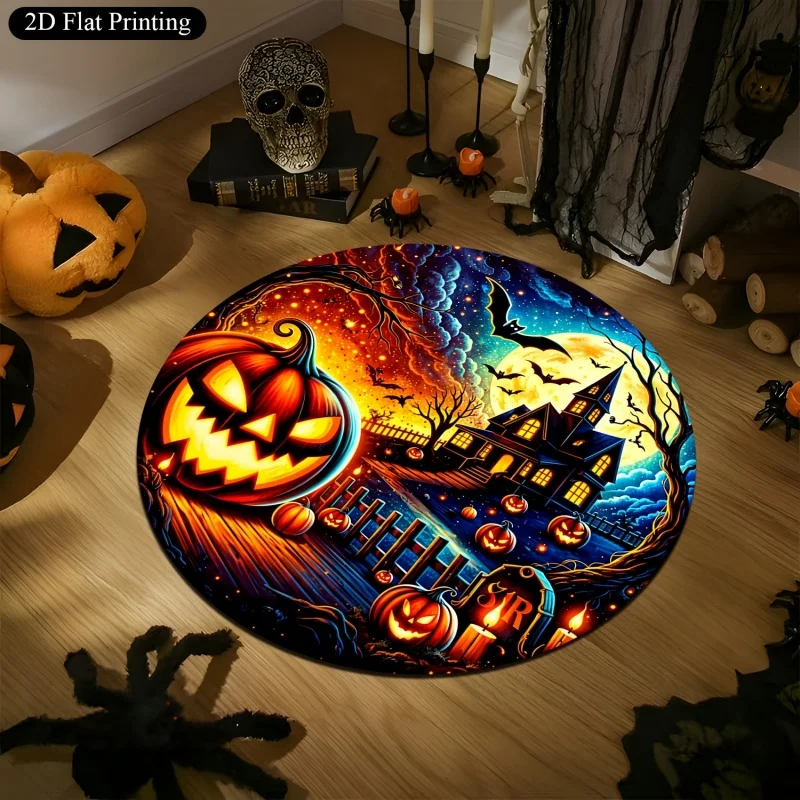 Happy Halloween Pumpkin Haunted House Round Rug,Bat Full Moon Printed Circular Floor Carpet,Spooky Holiday Indoor Home