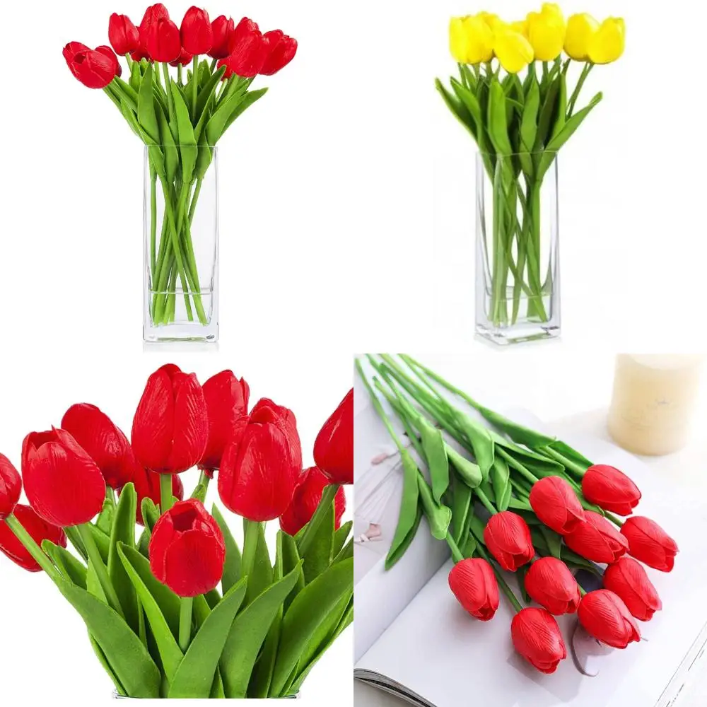 

Artificial Touch Tulips in Glass Vase with Faux Water - Red