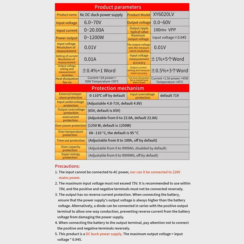AB46-XY6020LV CNC Adjustable DC Power Supply Constant Voltage Constant Current Maintenance 20A/1200W Step-Down Module