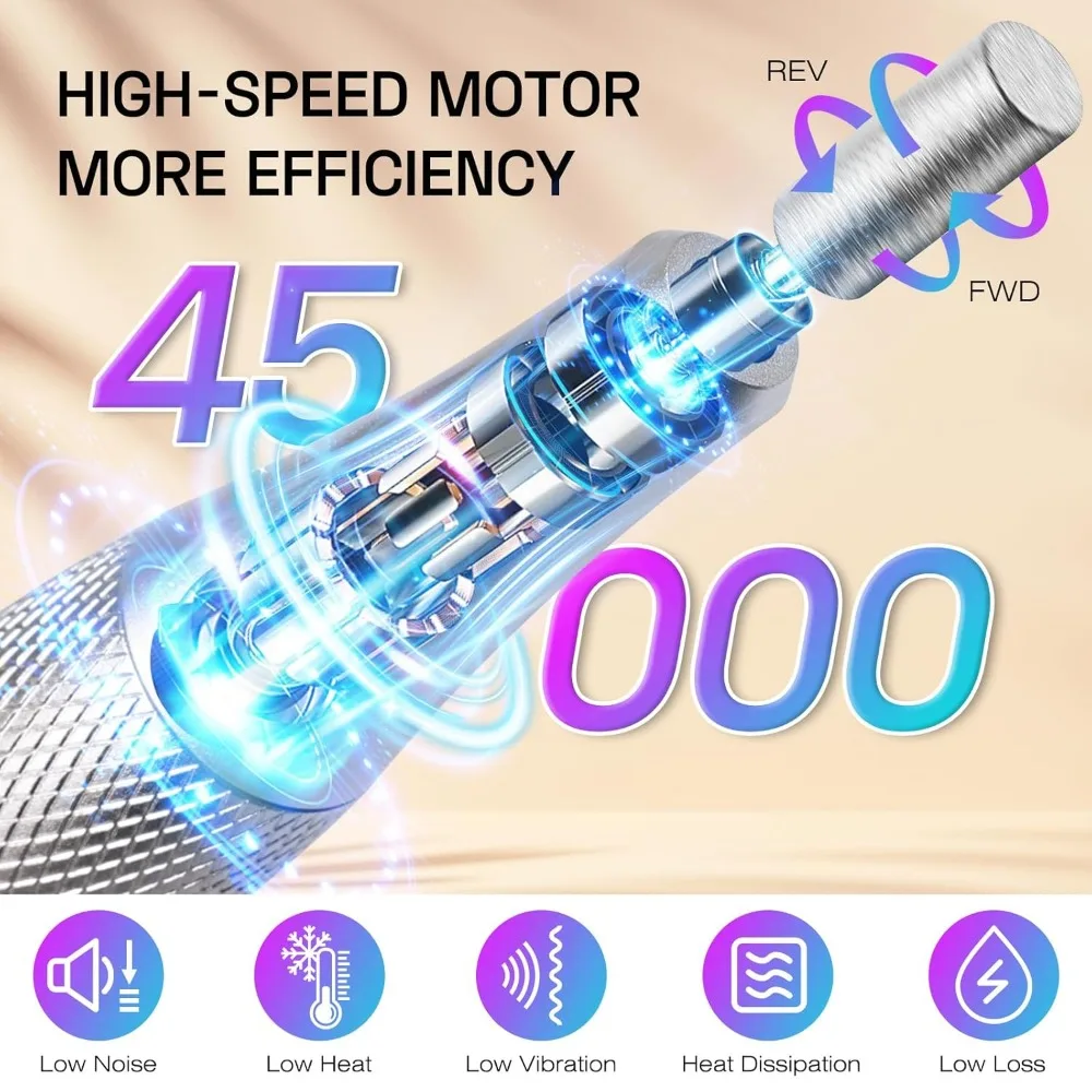 Elektrische nagelboorvijlmachine: Professioneel 45000 RPM draadloos nagelgereedschap met traploze snelheidsknop voor acrylgel dippoeder N