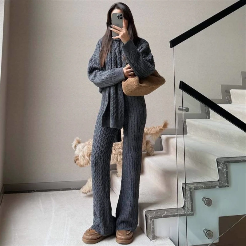 تريكو سترة 2 قطعة مجموعة السراويل النسائية وتتسابق للنساء الياقة المدورة مضلع فضفاض البلوز ومجموعات السراويل واسعة الساق