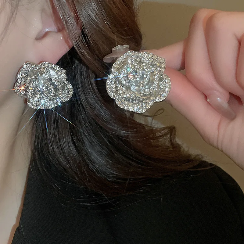 Inlaid Rhinestone Flower Tassel Earrings Necklace for Women Fashion Clavicle Chain New Light Luxury Sparkle Jewelry