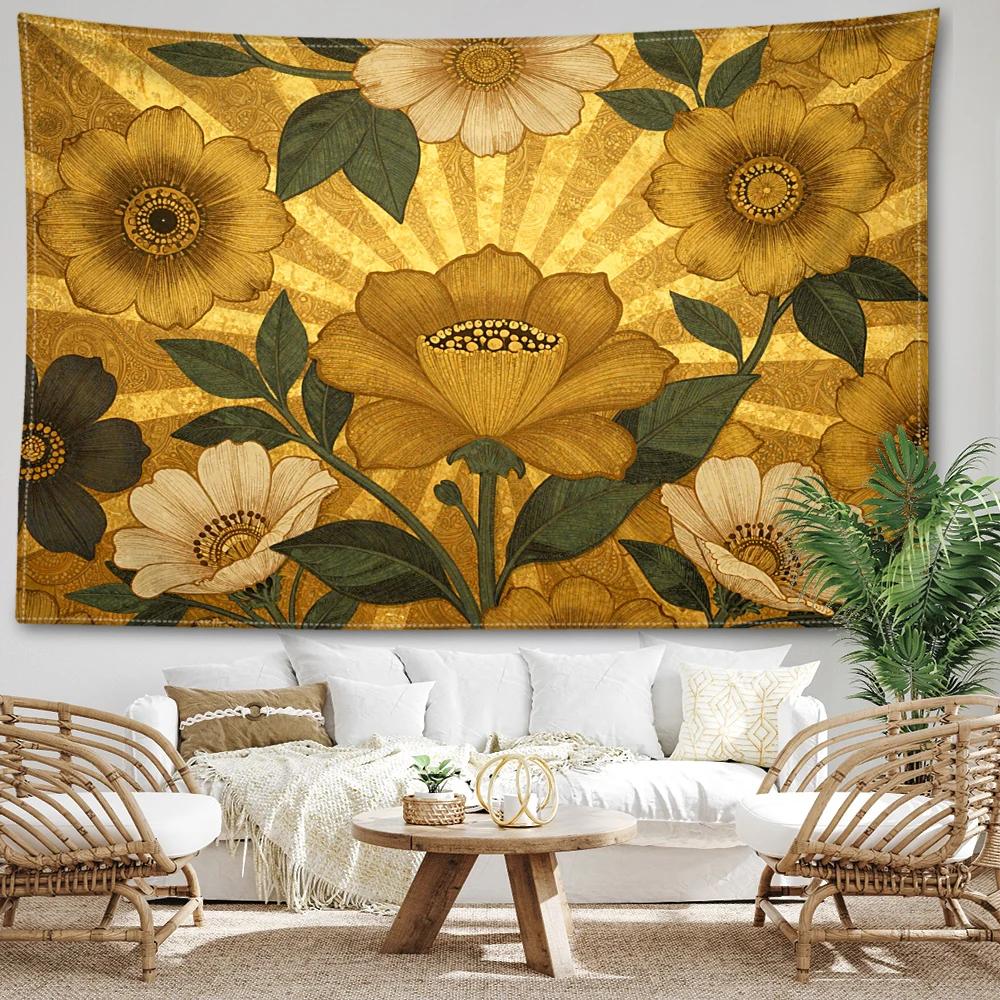 Gold Radiating Sunflower Floral Printed Tapestry Wall Hanging Bohemian Style Bedroom Home Decor