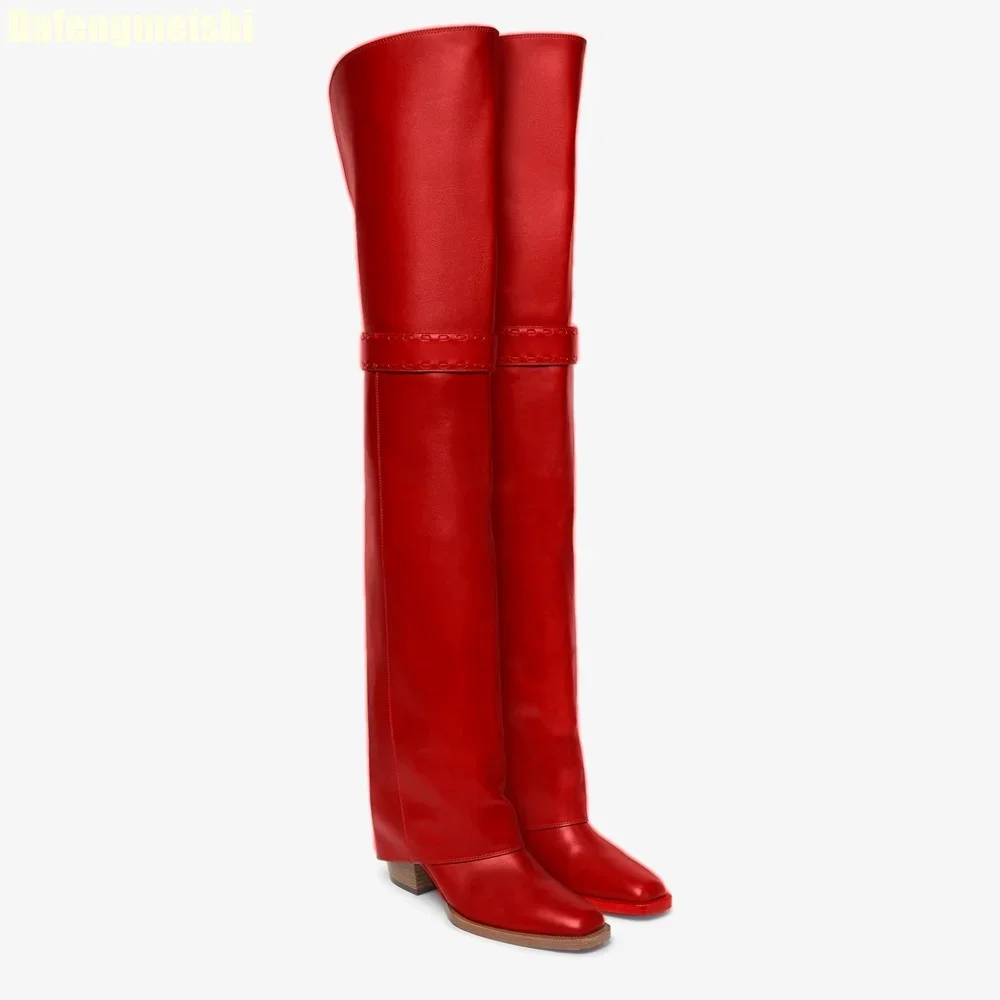 Autumn/winter Thick High Heel Over The Knee Boots Fashionable Large Size Square Toe Solid Color Retro High Knight Boots