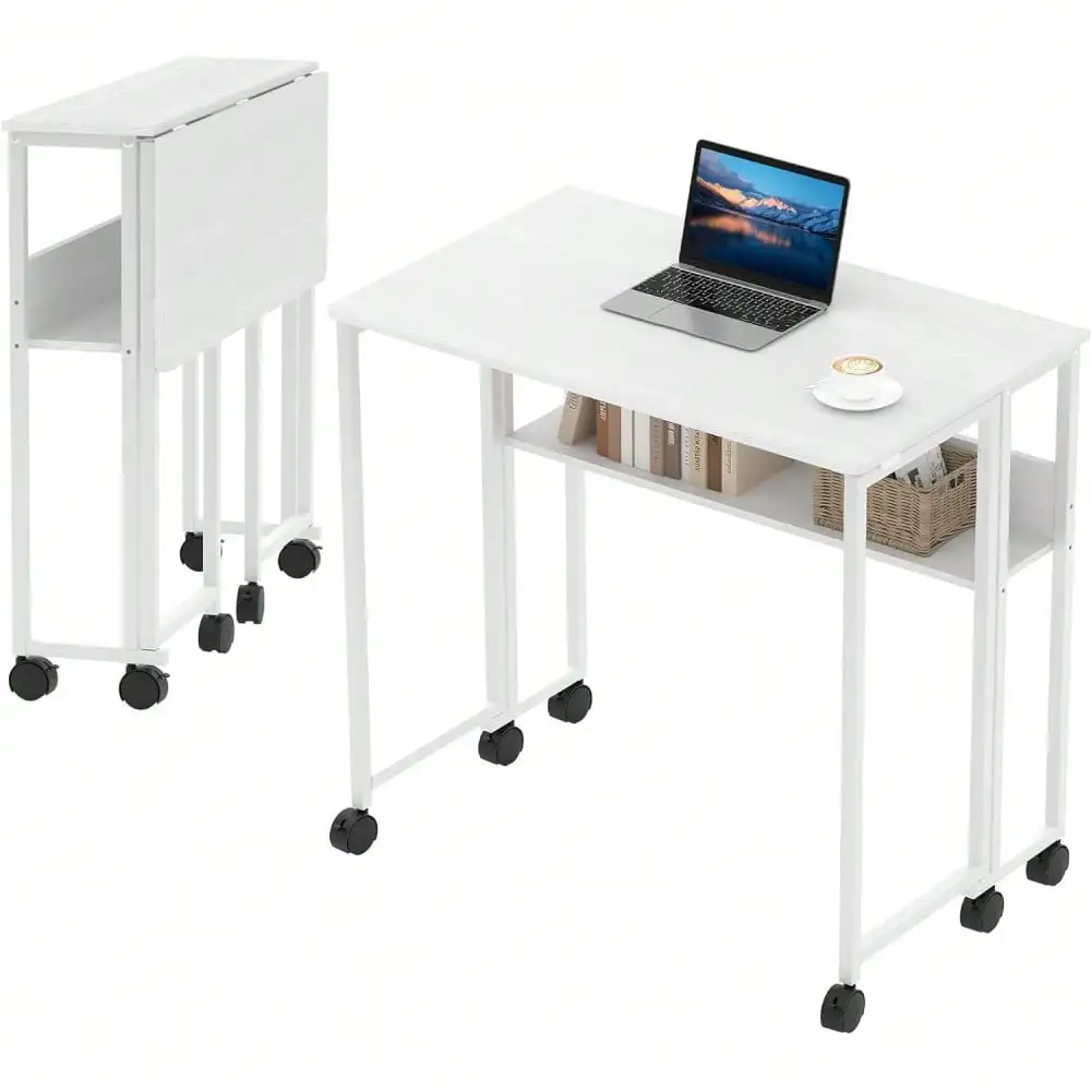Folding Desk With Wheels,Small Rolling Desk With Storage Shelf,Foldable Computer Table,Portable Sofa Table