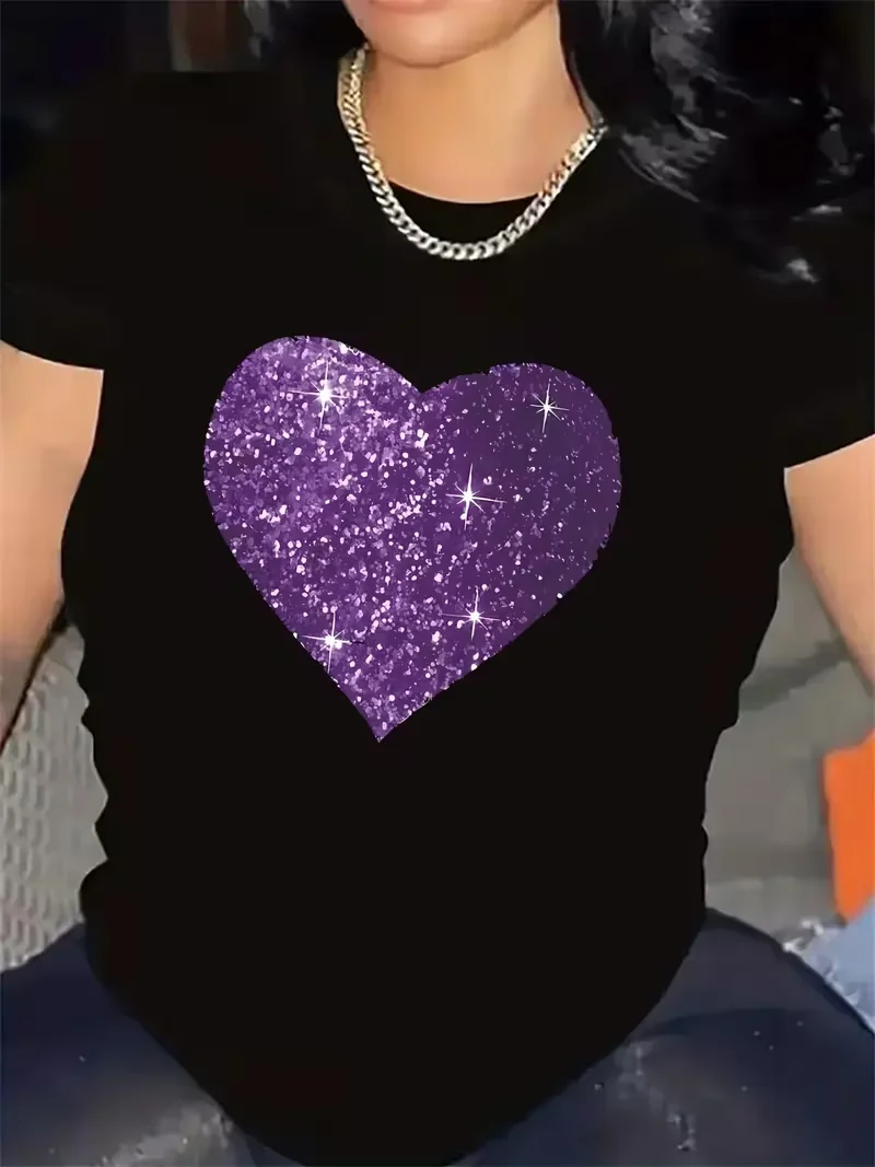 Short-Sleeve Tee Featuring A Purple Heart Design Crafted From Durable Fiber Perfect for Casual Outings At Home Y2k Women T-shirt