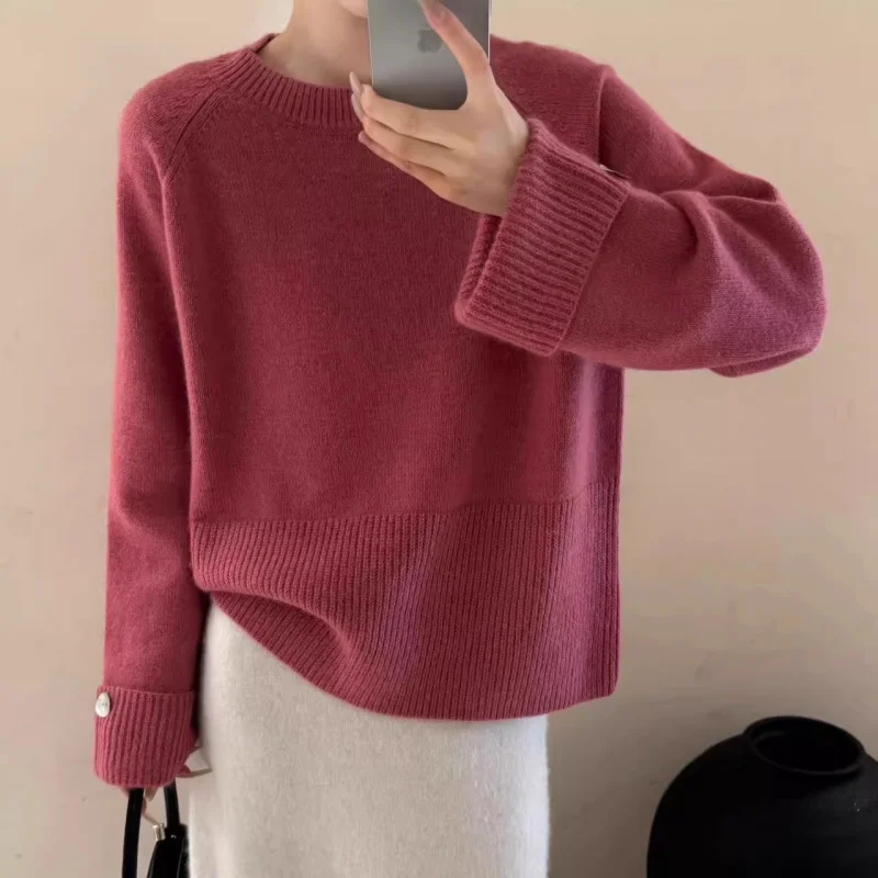 

Fashion 100% Merino Wool Sweater Elegant Cashmere Pullover Women O-Neck Long Sleeve Knitwear Basic Clothing Jumper Tops