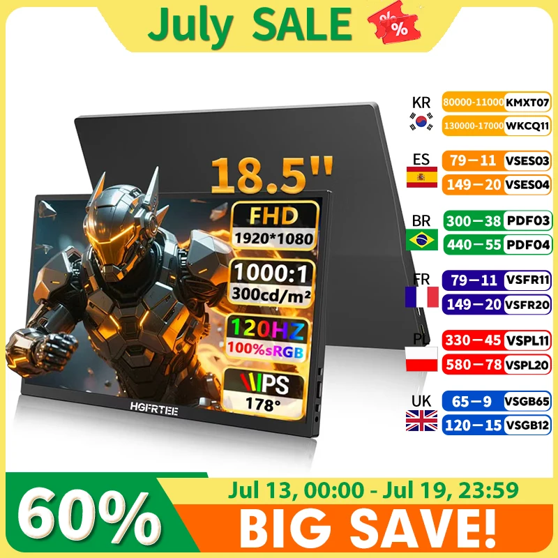 HGFRTEE 18.5 inch Portable Monitor 1920*1080 100%SRGB ADS-IPS Extended Display with Bracket For PC Laptop Phone Switch