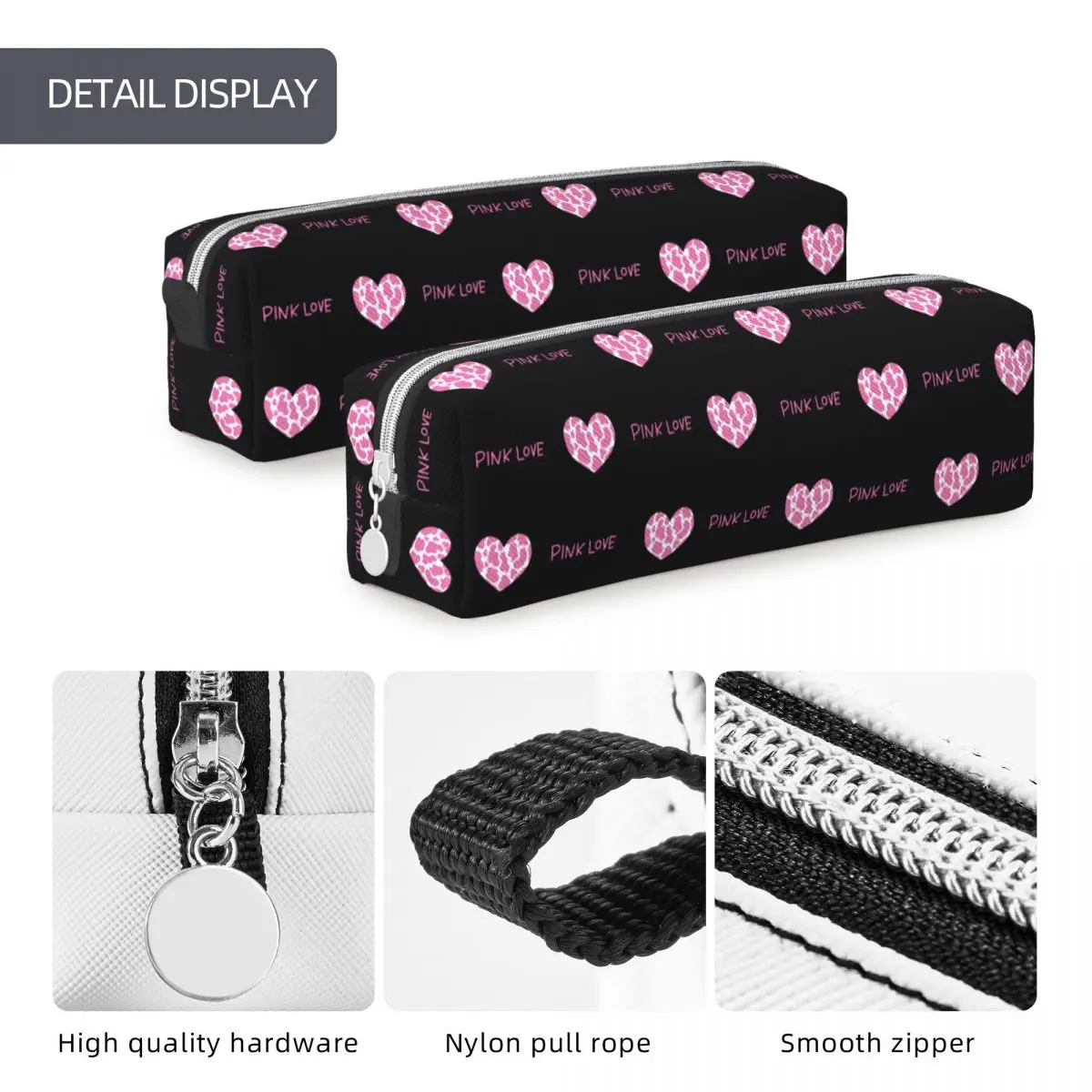 Fun Cute Heart Pink Love Pencil Case Black Pencilcases Pen for Student Big Capacity Bags Office Zipper Stationery