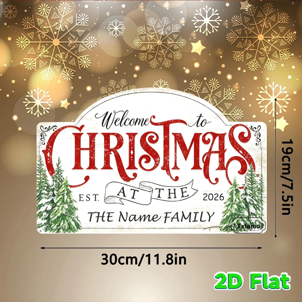 Custom Text Arched Metal Sign, Snow Pine Tree Welcome Christmas Pattern, Christmas Wall Decor, Entryway Living Room Decor, Chris