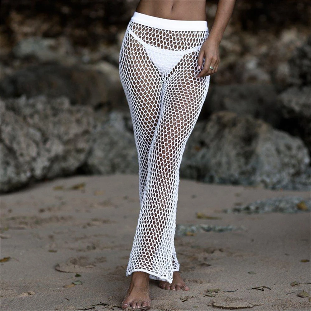 Summer Beach Outfits Pant Sets For Women 2023 Sexy Mesh See Through Swimsuit Cover Ups Fishnet Trousers 2-Piece Outdoor Suits