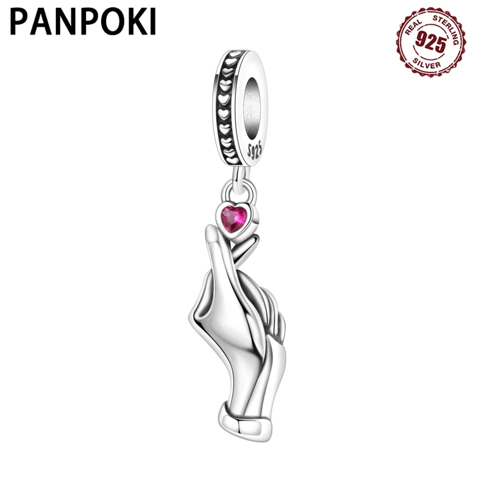 PANPOKI 925 Sterling Silver Heart Gesture Model Original Pendants Bracelet Charms Jewelry Party Beads DIY Trendy Gifts