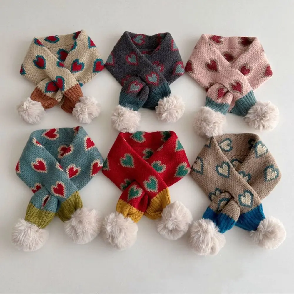 Thickened Children Knitted Scarf Adorable Heart Pattern Thermal Neck Warmer Muffler Cartoon Windproof Neckerchief For Boys Girls